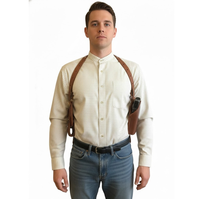 Brown Premium Leather Vertical Shoulder Holster With Magazine Pouch