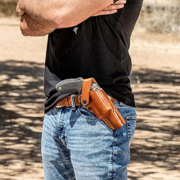 Brown Leather Strongside Belt Holster with Retention Strap