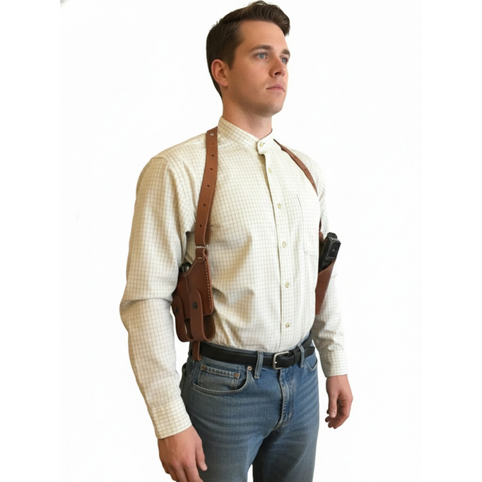 Brown Premium Leather Vertical Shoulder Holster With Magazine Pouch