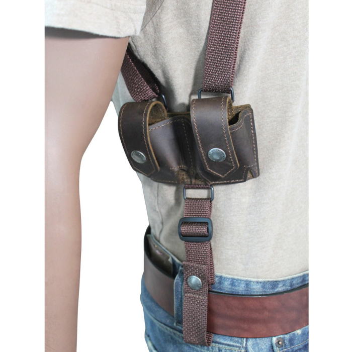 Brown Leather Vertical Shoulder Holster With Speed Loader Pouch
