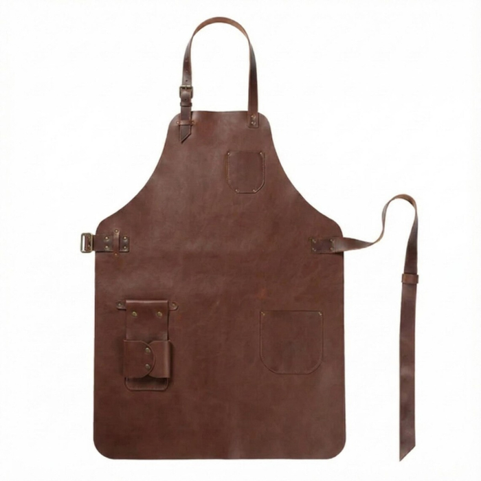 Brown Top Grain Leather Workshop Apron With Tool Pockets