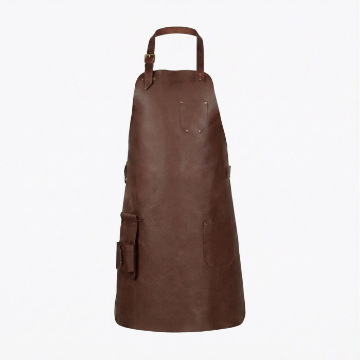 Brown Top Grain Leather Workshop Apron With Tool Pockets