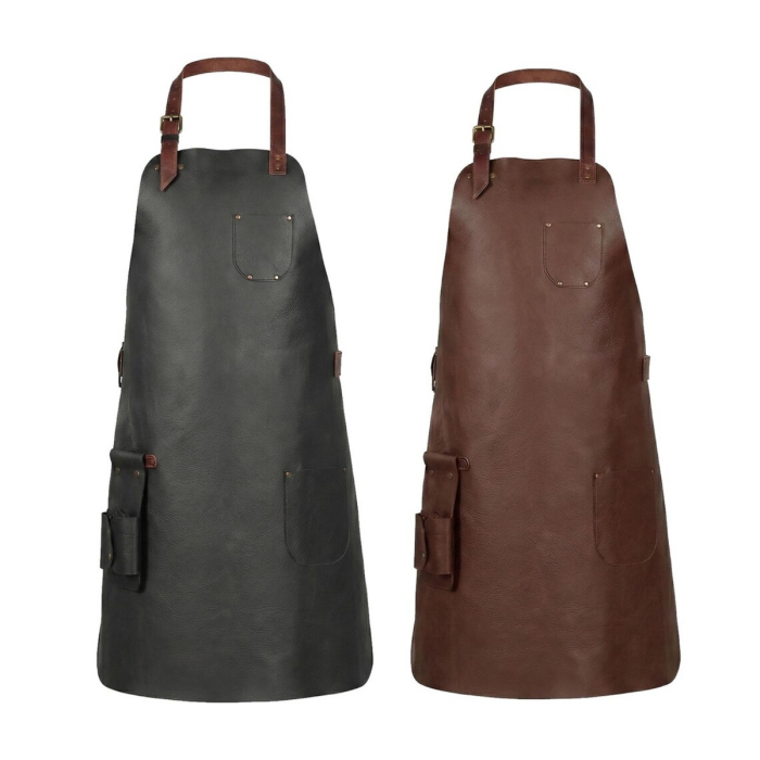 Black Top Grain Leather Workshop Apron With Tool Pockets