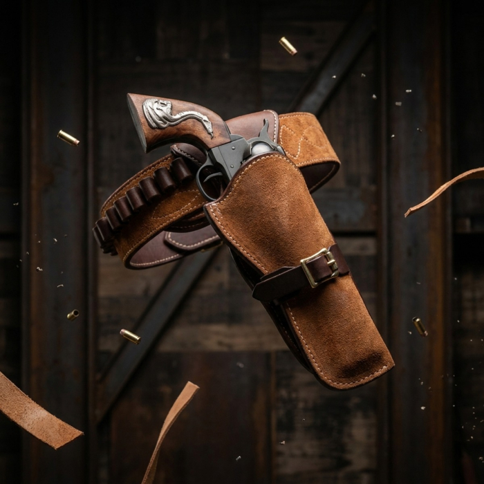 Brown Western Leather Revolver Holster Belt with Ammo Loops