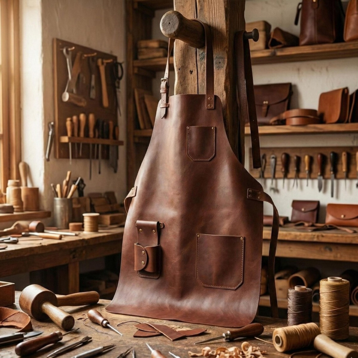 Brown Top Grain Leather Workshop Apron With Tool Pockets
