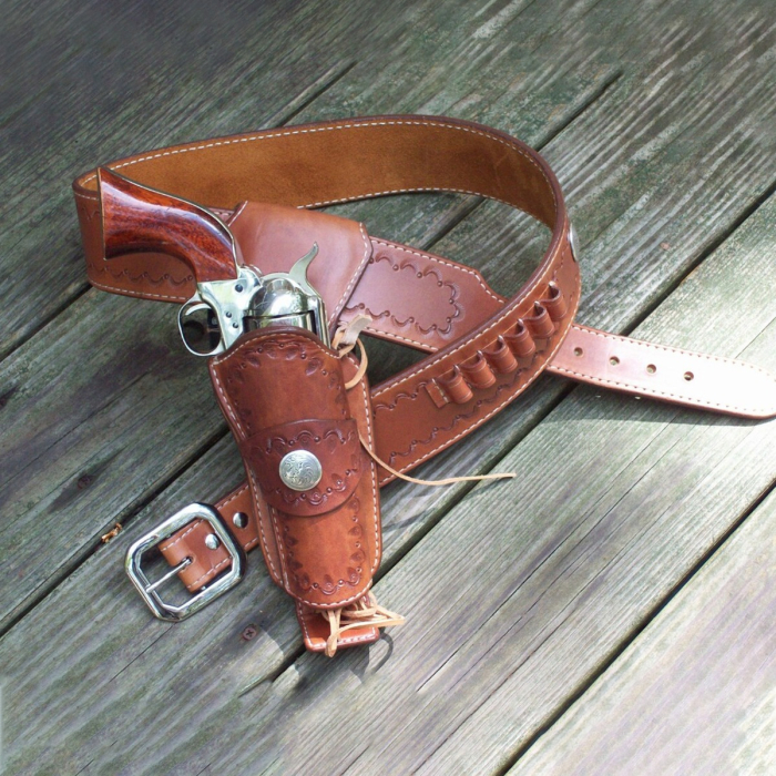 Brown Western Leather Fast Draw Revolver Holster Belt with Concho Detail