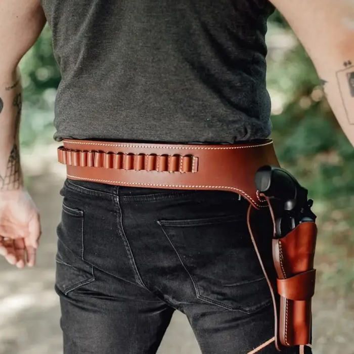 Brown Western Leather Revolver Holster Belt with Cartridge Loops