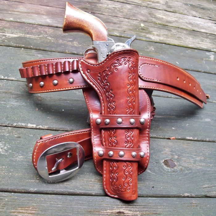 Brown Western Leather Revolver Holster Belt with Cartridge Loops