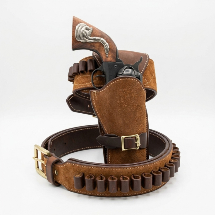 Brown Western Leather Revolver Holster Belt with Ammo Loops