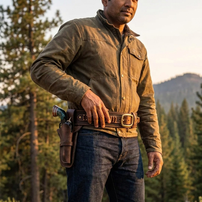 Brown Western Leather Revolver Holster Belt with Cartridge Loops