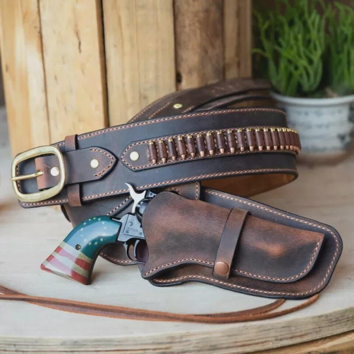 Brown Western Leather Revolver Holster Belt with Cartridge Loops