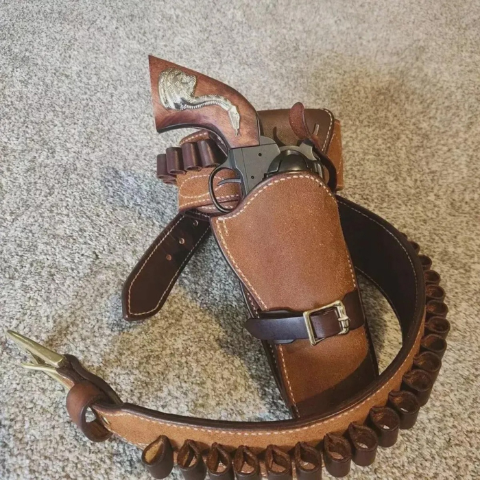 Brown Western Leather Revolver Holster Belt with Ammo Loops