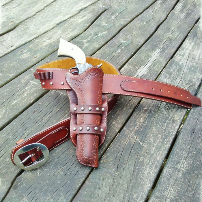 Brown Western Leather Revolver Holster Belt with Cartridge Loops