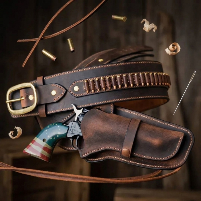 Brown Western Leather Revolver Holster Belt with Cartridge Loops