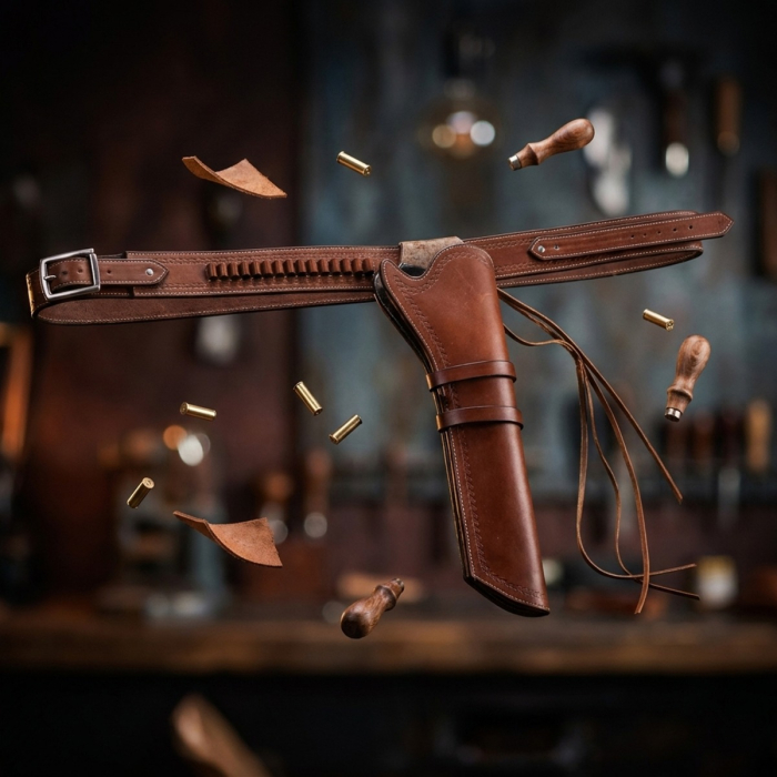 Brown Western Leather Scabbard Revolver Holster Belt with Cartridge Loops