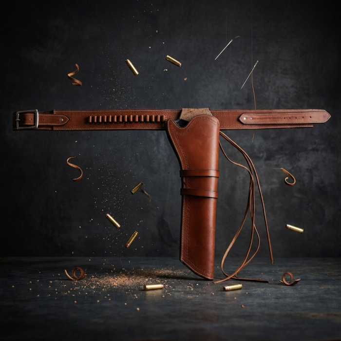 Brown Western Leather Scabbard Revolver Holster Belt with Cartridge Loops