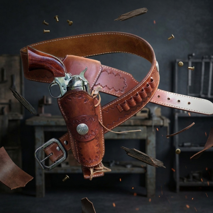 Brown Western Leather Fast Draw Revolver Holster Belt with Concho Detail