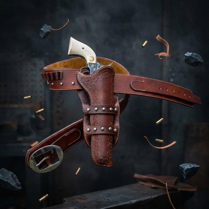 Brown Western Leather Revolver Holster Belt with Cartridge Loops