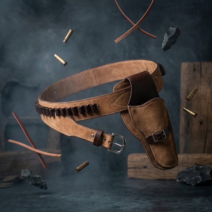 Brown Western Leather Revolver Holster Belt with Ammo Loops