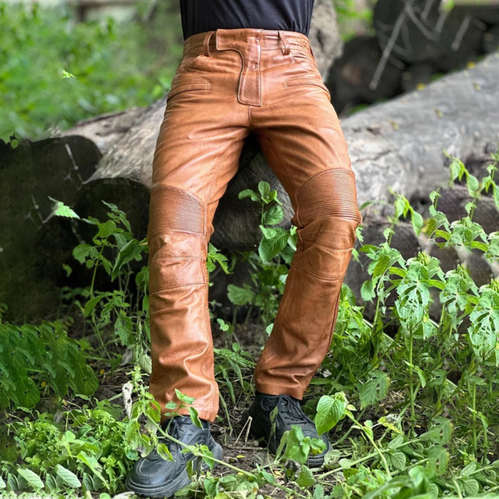  Men’s Brown Distressed Leather Biker Pants