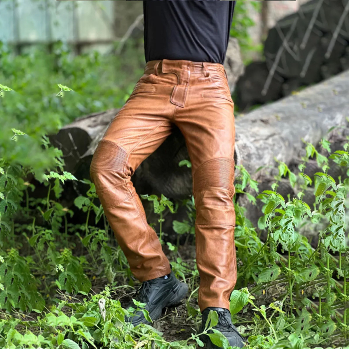  Men’s Brown Distressed Leather Biker Pants