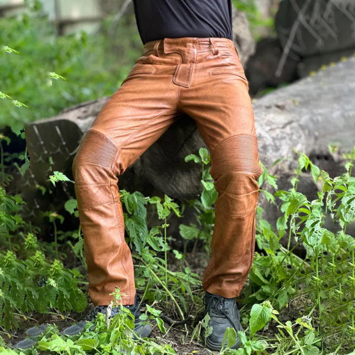  Men’s Brown Distressed Leather Biker Pants