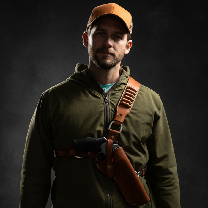 Brown Leather Cross-Chest Bandolier Holster for Revolvers with Ammo Loops