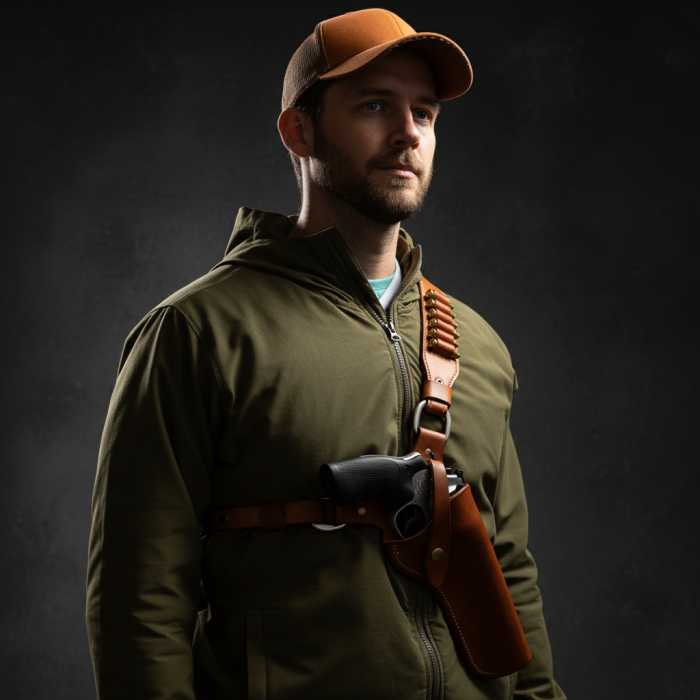 Brown Leather Cross-Chest Bandolier Holster for Revolvers with Ammo Loops