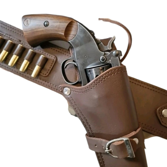 Brown Cowboy Western Revolver Single Gun Holster Belt – Genuine Leather