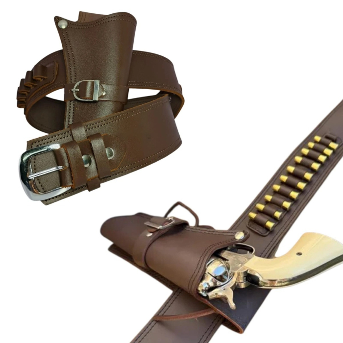 Brown Cowboy Western Revolver Single Gun Holster Belt – Genuine Leather