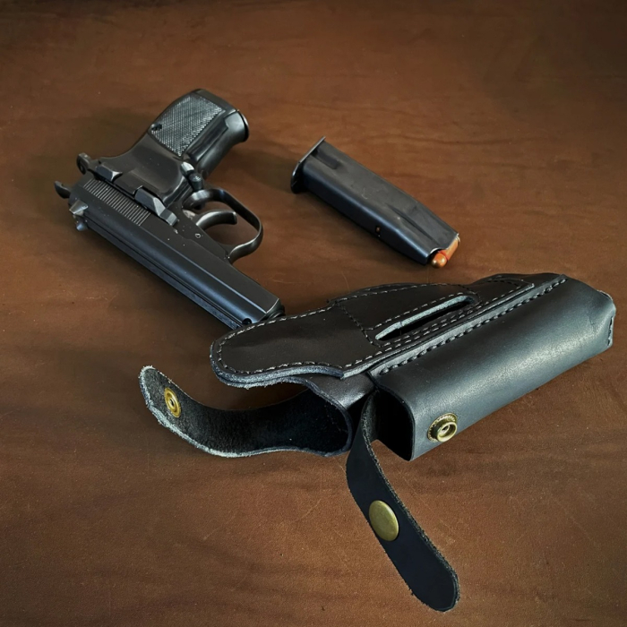 Black Leather OWB CZ 82 Holster With Mag Pouch