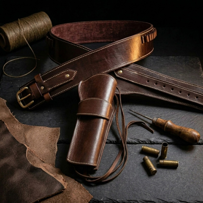 Brown Western Leather Revolver Holster Belt with Cartridge Loops