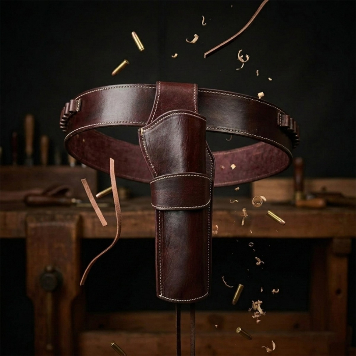 Brown Western Leather Revolver Holster Belt with Cartridge Loops