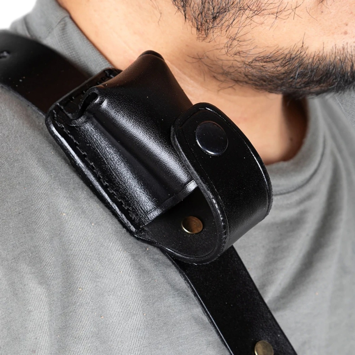 Black Leather Chest Holster with Thumb Break
