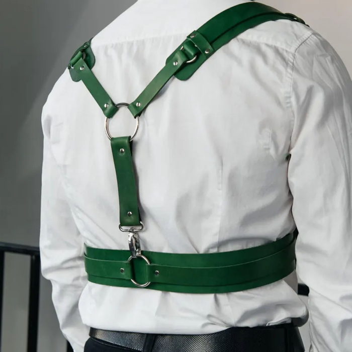 Genuine Leather Y-Harness for Men – Green Chest Strap with Buckles, Clubwear, Halloween Costume & Valentine’s Gift 