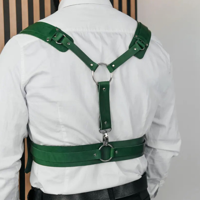 Genuine Leather Y-Harness for Men – Green Chest Strap with Buckles, Clubwear, Halloween Costume & Valentine’s Gift 
