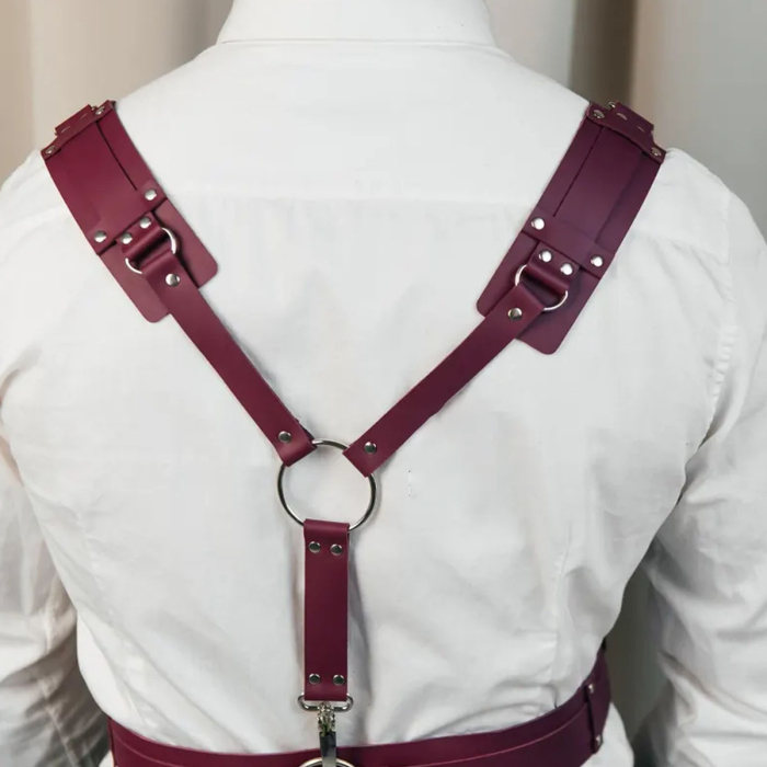 Genuine Leather Y-Harness for Men – Burgundy Chest Harness with Buckles, Clubwear, Brutal Style, Valentine’s Gift & Halloween Costume