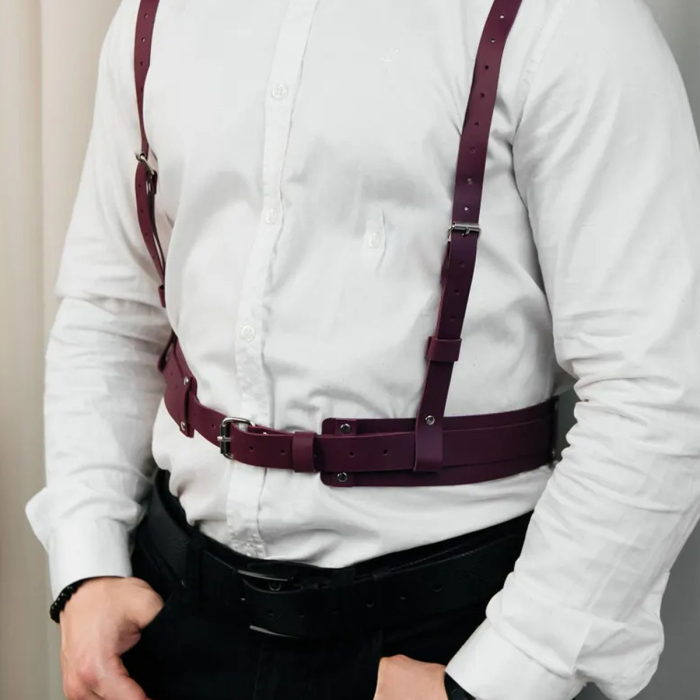 Genuine Leather Y-Harness for Men – Burgundy Chest Harness with Buckles, Clubwear, Brutal Style, Valentine’s Gift & Halloween Costume