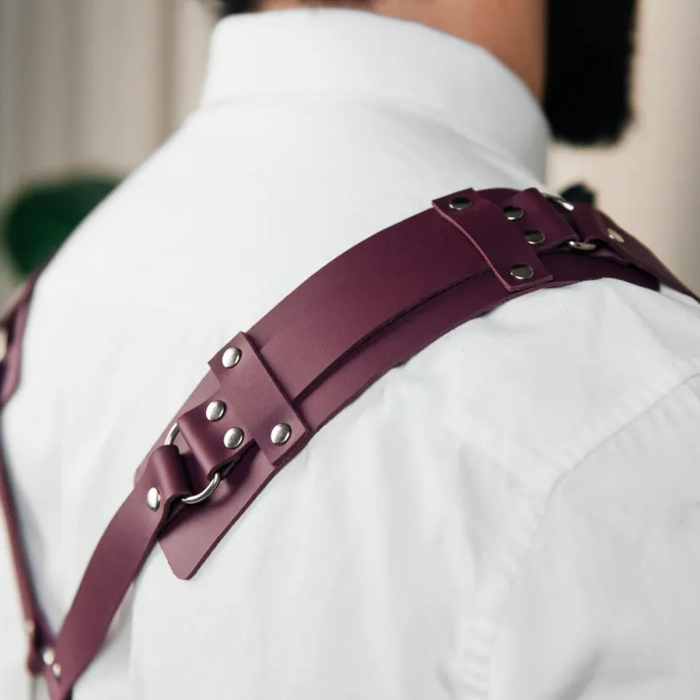Genuine Leather Y-Harness for Men – Burgundy Chest Harness with Buckles, Clubwear, Brutal Style, Valentine’s Gift & Halloween Costume