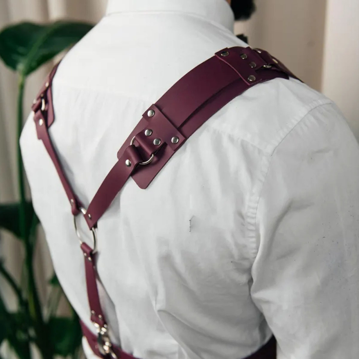 Genuine Leather Y-Harness for Men – Burgundy Chest Harness with Buckles, Clubwear, Brutal Style, Valentine’s Gift & Halloween Costume