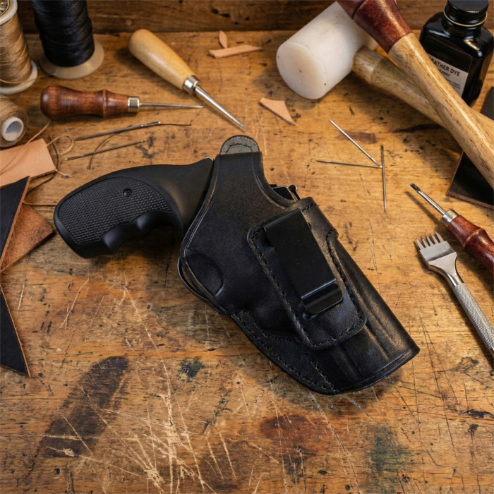 Black Handcrafted Leather IWB Holster with Steel Clip