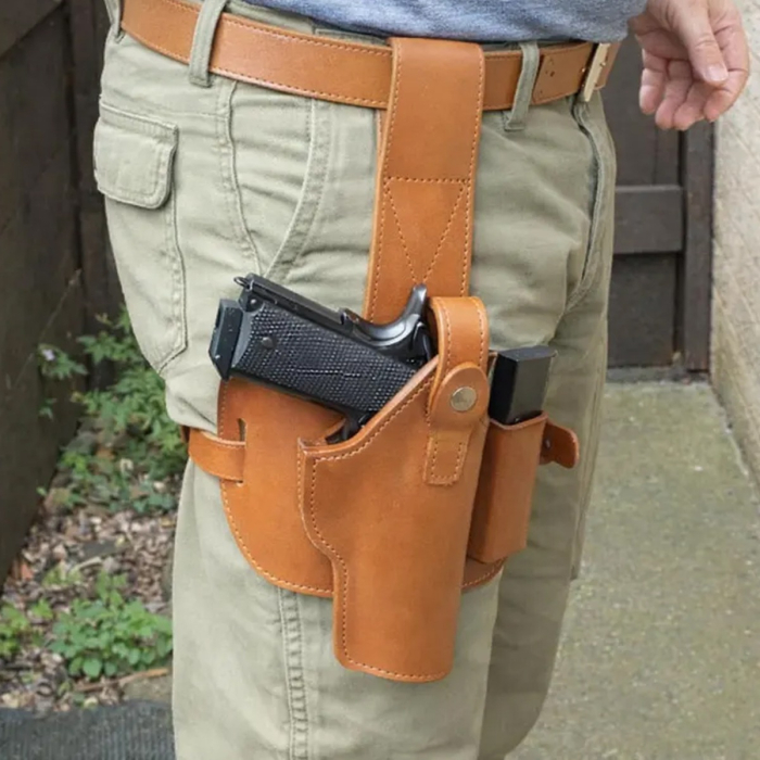 Tan Leather Drop Leg Holster with Magazine Pouch