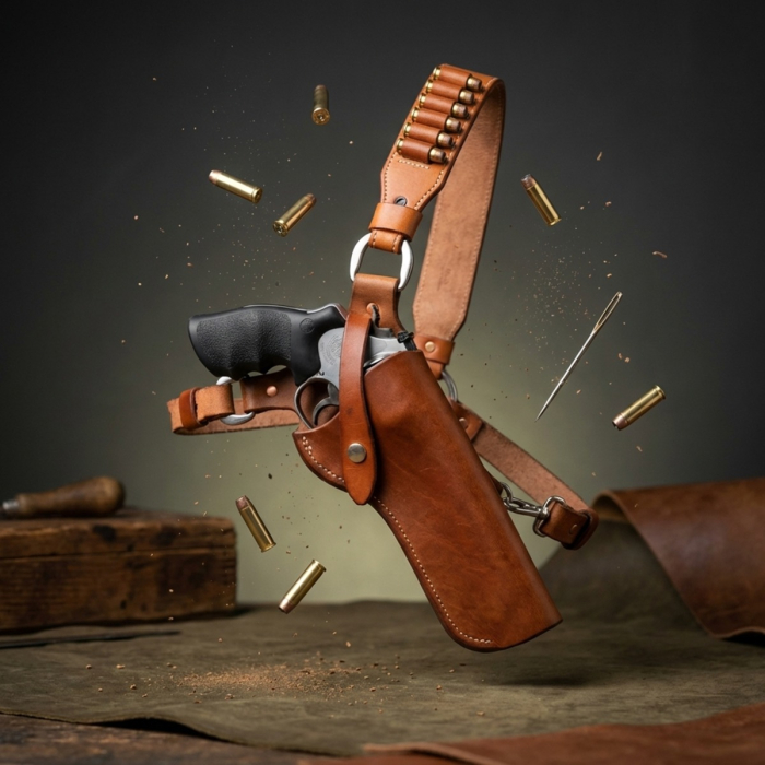 Brown Leather Cross-Chest Bandolier Holster for Revolvers with Ammo Loops