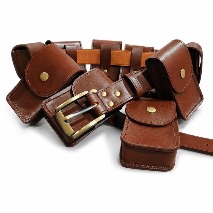 Handmade Brown Leather Utility Pouch Belt with 10 Pockets