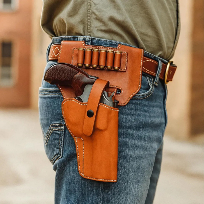 Leather Revolver Belt Holster with Cartridge Loops