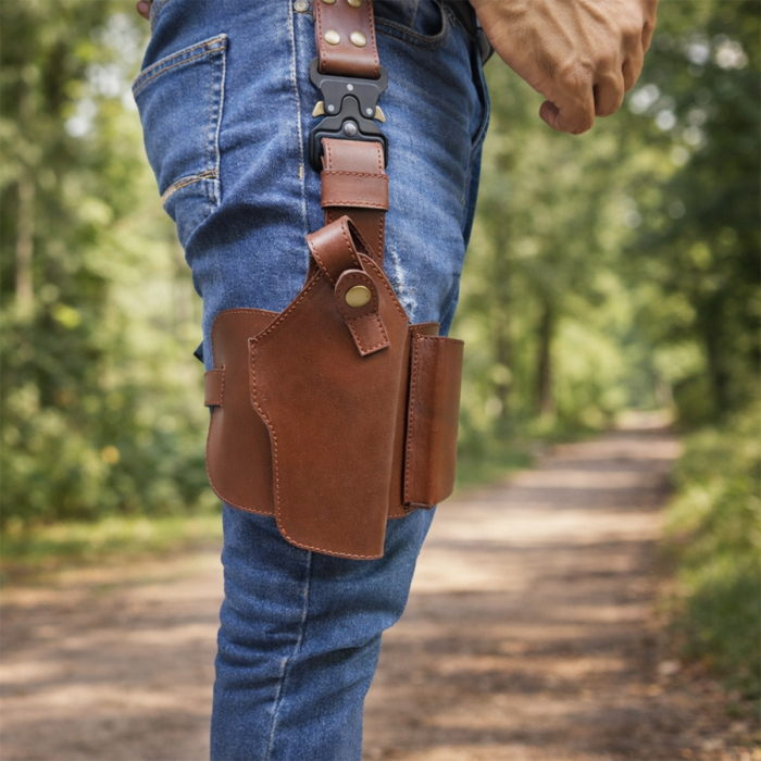 Drop-Leg Tactical Leather Thigh Holster with Clip Pouch