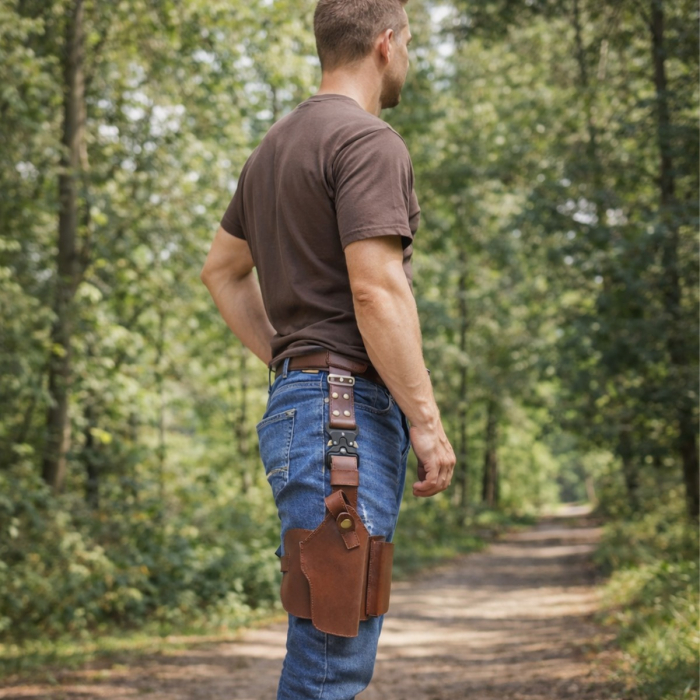 Drop-Leg Tactical Leather Thigh Holster with Clip Pouch