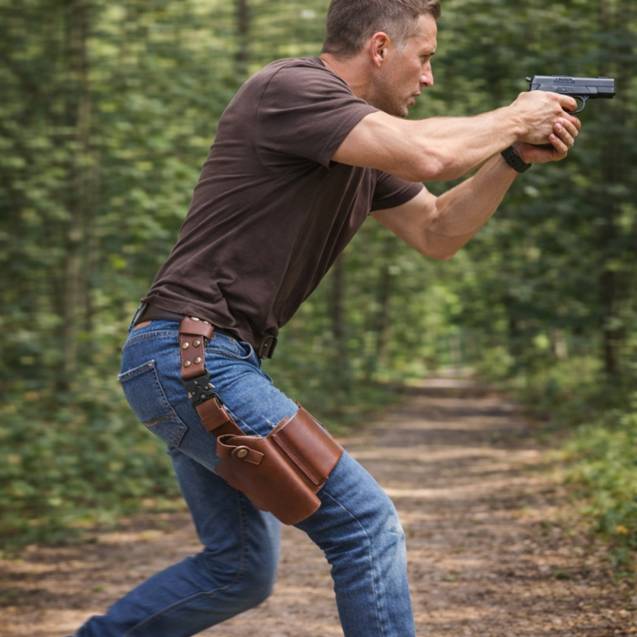 Drop-Leg Tactical Leather Thigh Holster with Clip Pouch