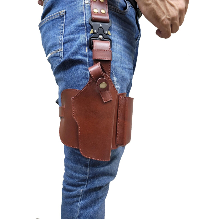 Drop-Leg Tactical Leather Thigh Holster with Clip Pouch