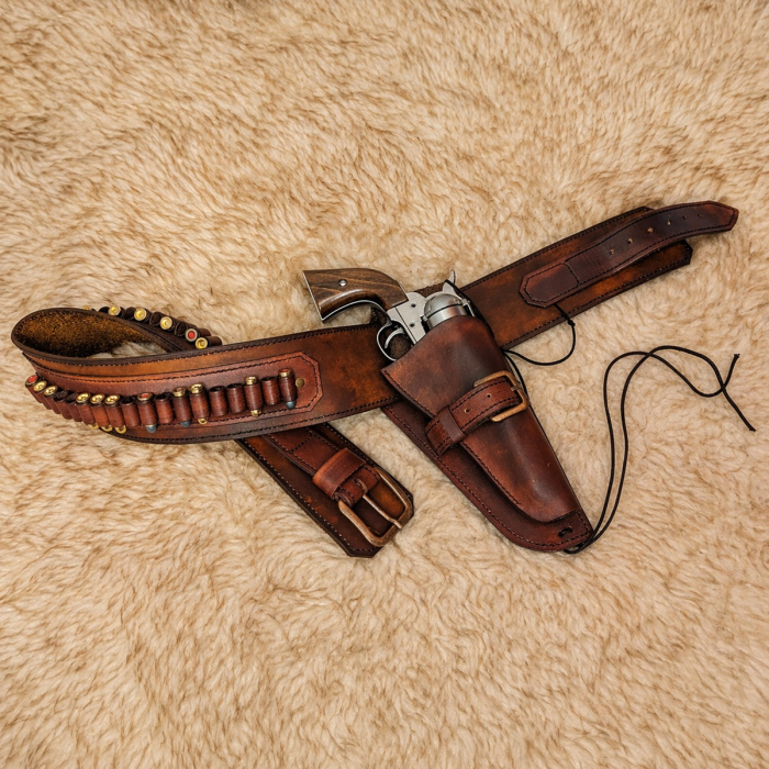 Western Leather Buscadero Gunbelt with Revolver Holster and Cartridge Loops